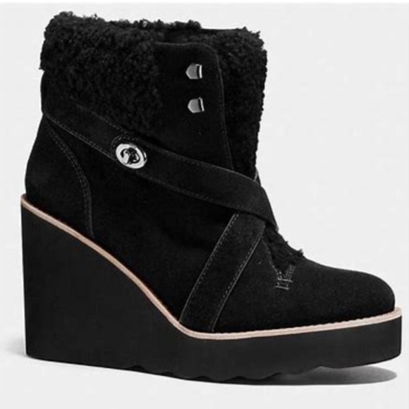 Coach Kenna Sherpa Black Wedge Suede Boots - Picture 1 of 6